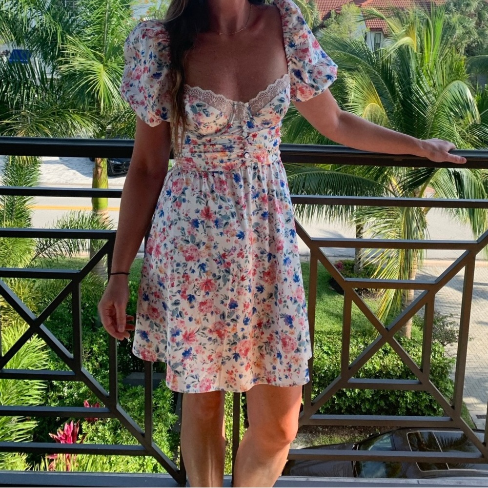 For Love & Lemons floral dress with boning at bust